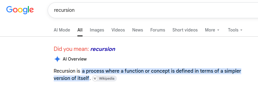 Google search results for 'recursion' showing 'Did you mean: recursion'